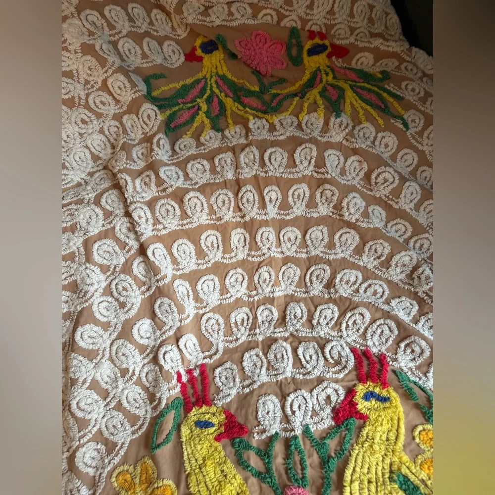 Vintage Colorful Peacock Design Chenille Bedspread - Picture 3 of 4